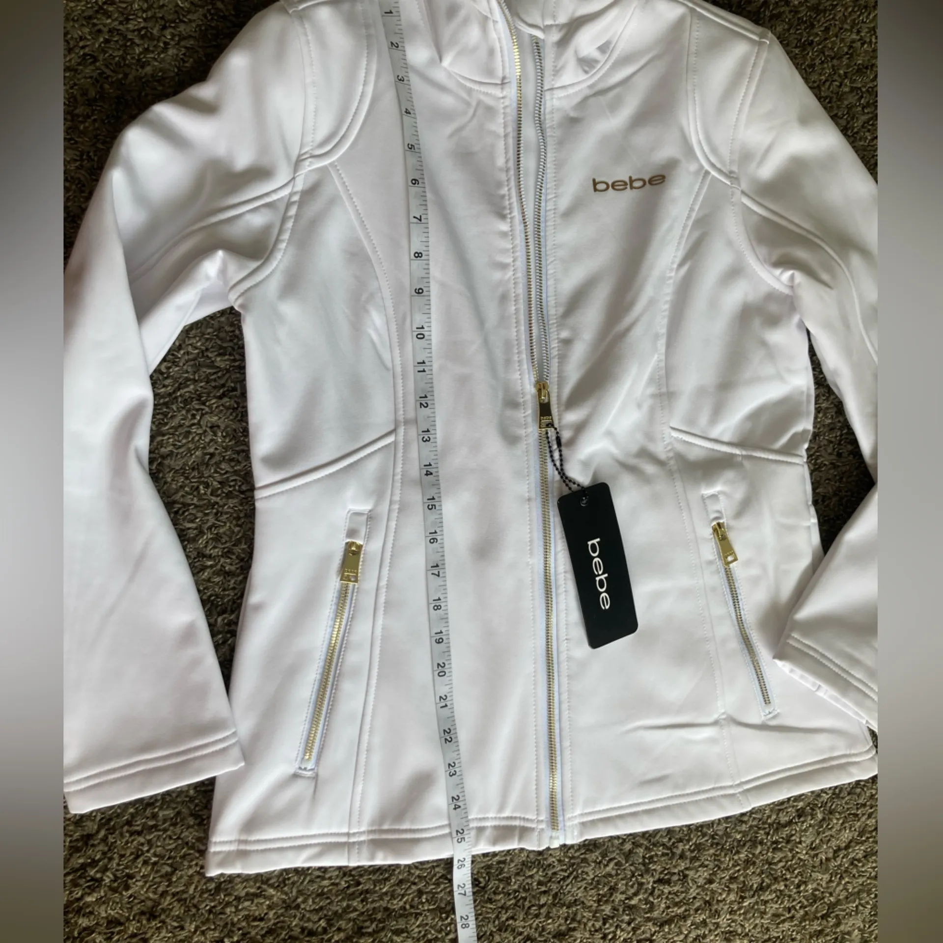 Bebe Women’s White Hooded Jacket Small Gold Zip Pockets - Image 9