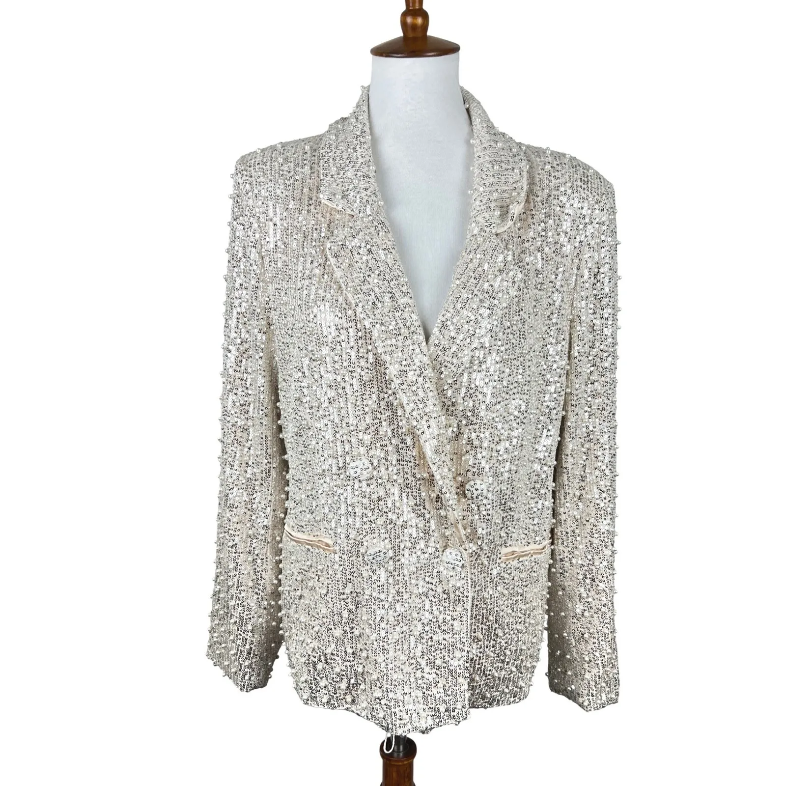 MABLE Sparkly Embellished Pearl Sequin Double Breasted Blazer Jacket Size M White Size M - Image 2