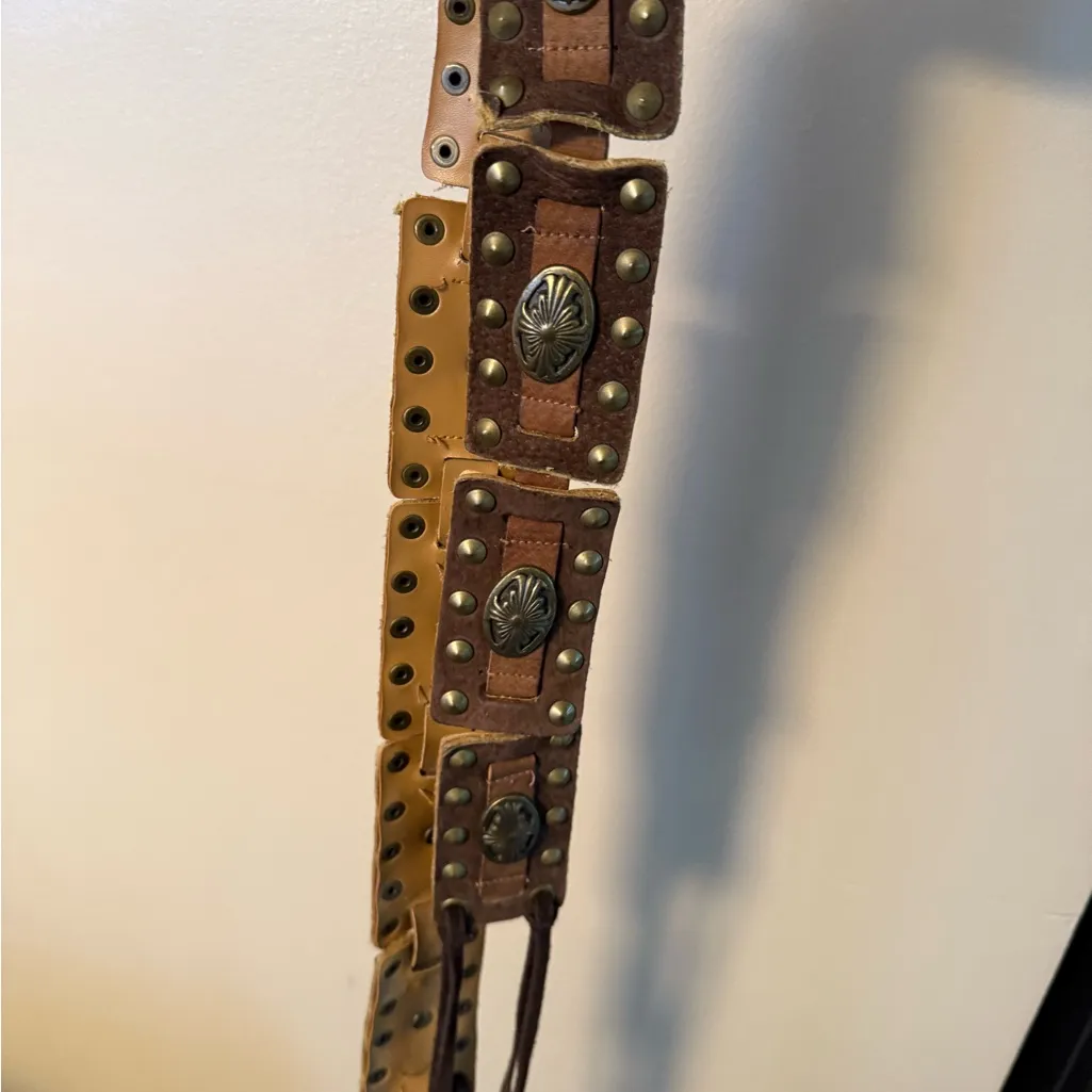 VTG Southwestern Concho Belt Brown Tan‎ Leather Tassel Tie Waist Studded 70” - Image 3