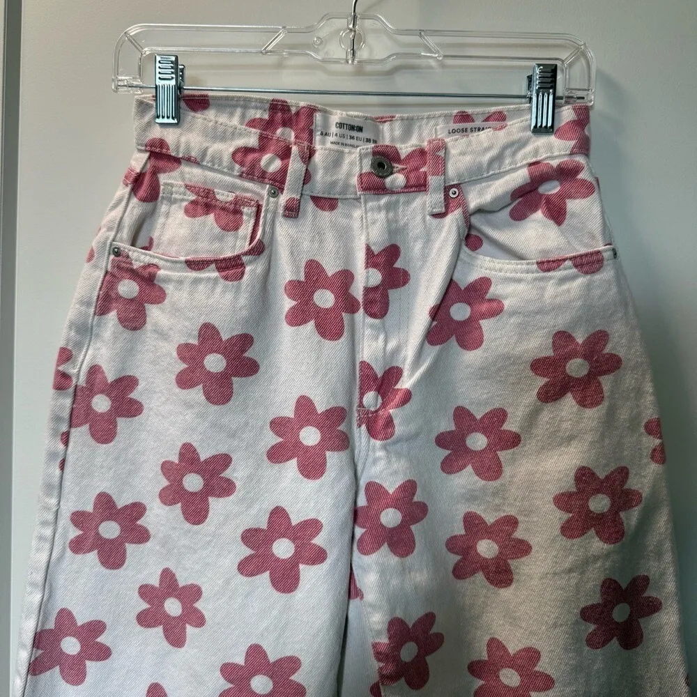 Cotton On Pink‎ Floral Hippie Loose Straight Jean Baggy High Waist Daisy 70's 4 - Image 3