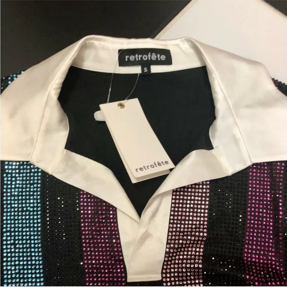 NWT Retrofete Joie Bedazzled Blouse Rhinestone Top Satin Statement Sequin Small - Image 14