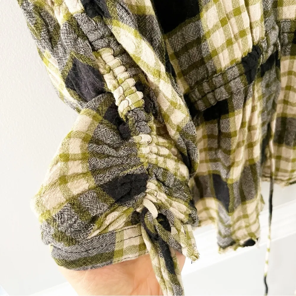 Free People Black Plaid Ruched Sleeve Pacific Dawn Button Down Shirt Size Medium - Image 7