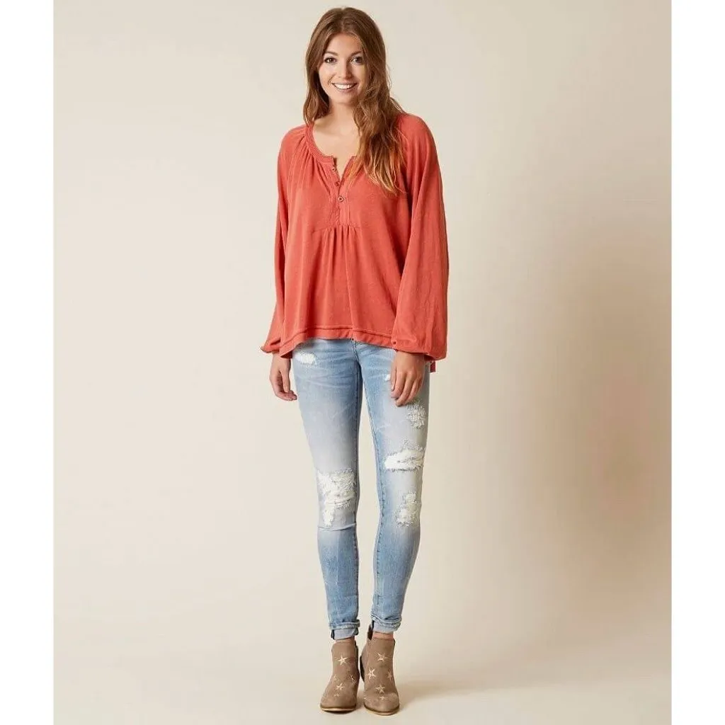 FREE PEOPLE We the Free Small Acadia Henley Top Vintage Red Shirt Lagenlook - Image 2