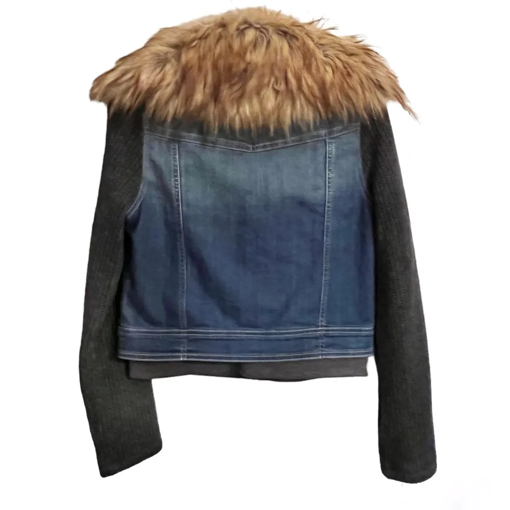 Miss Me Cropped Denim and Sweater Jacket  with Removable Faux Fur Collar Size S - Image 2