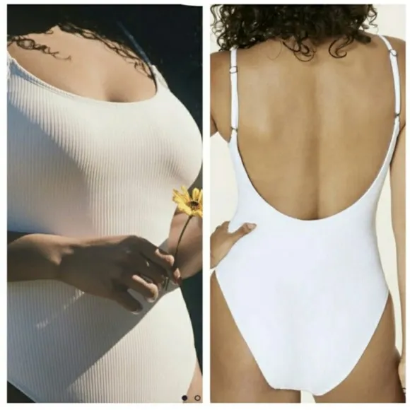 Andie Laguna Rib One Piece White Scoop Low Back Adjustable Cheeky Bottom Swim L - Image 2