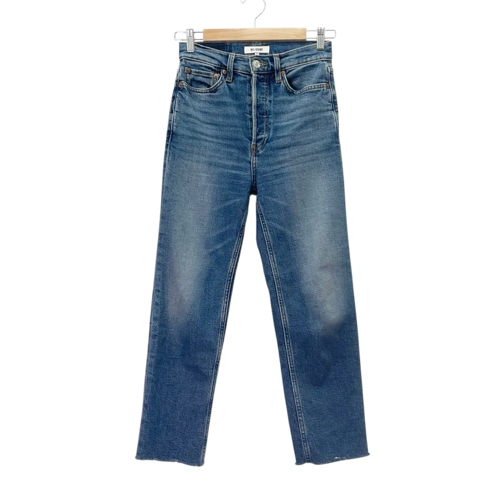 RE/DONE 70s High Rise Stove Pipe Jeans Broken In Dark Wash Size 24 Straight Leg - Image 2