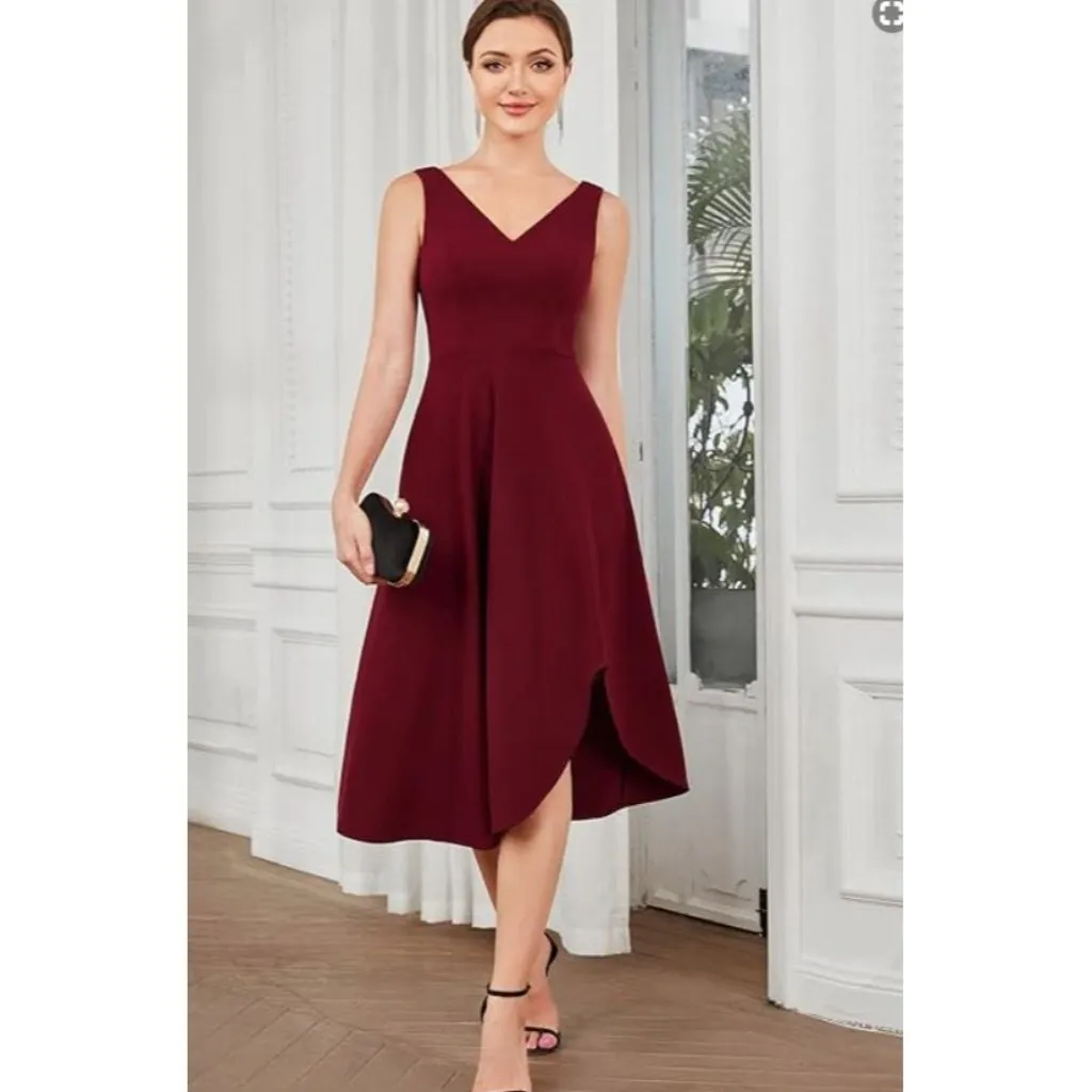 Retro Sleeveless V Neck Midi Swing Dress M Maroon Red Zip High Low Hem NEW Size M - Image 7