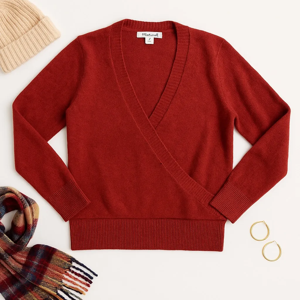 Madewell Merino Wrap-Front V-Neck Sweater Rust Maroon Red Size Medium EUC Cozy - Image 3