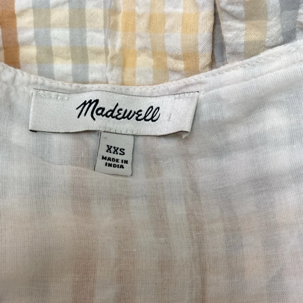 Madewell White Tan & Gray Gingham Plaid Short Sleeve Seersucker Dress XXS - Image 4