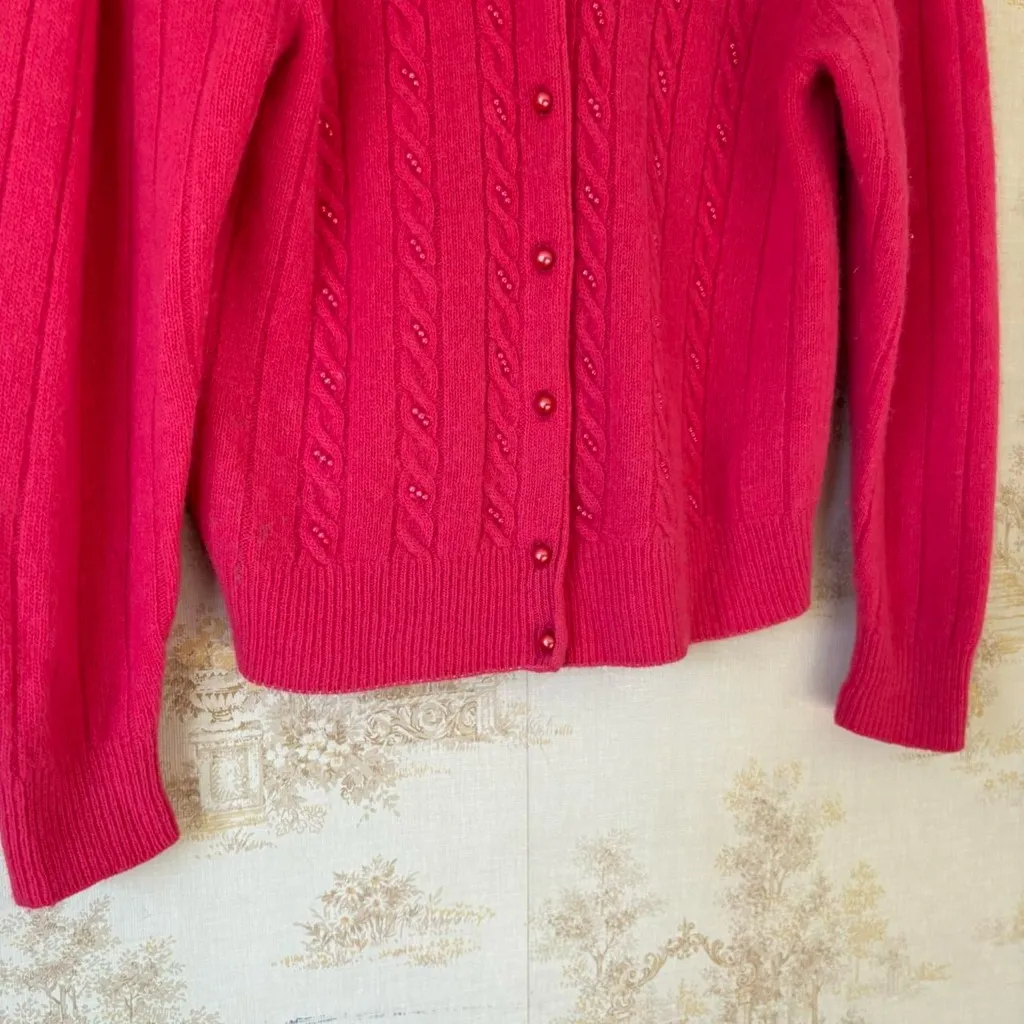Vintage hot pink angora lambswool cableknit pearl button cardigan sweater - Image 6