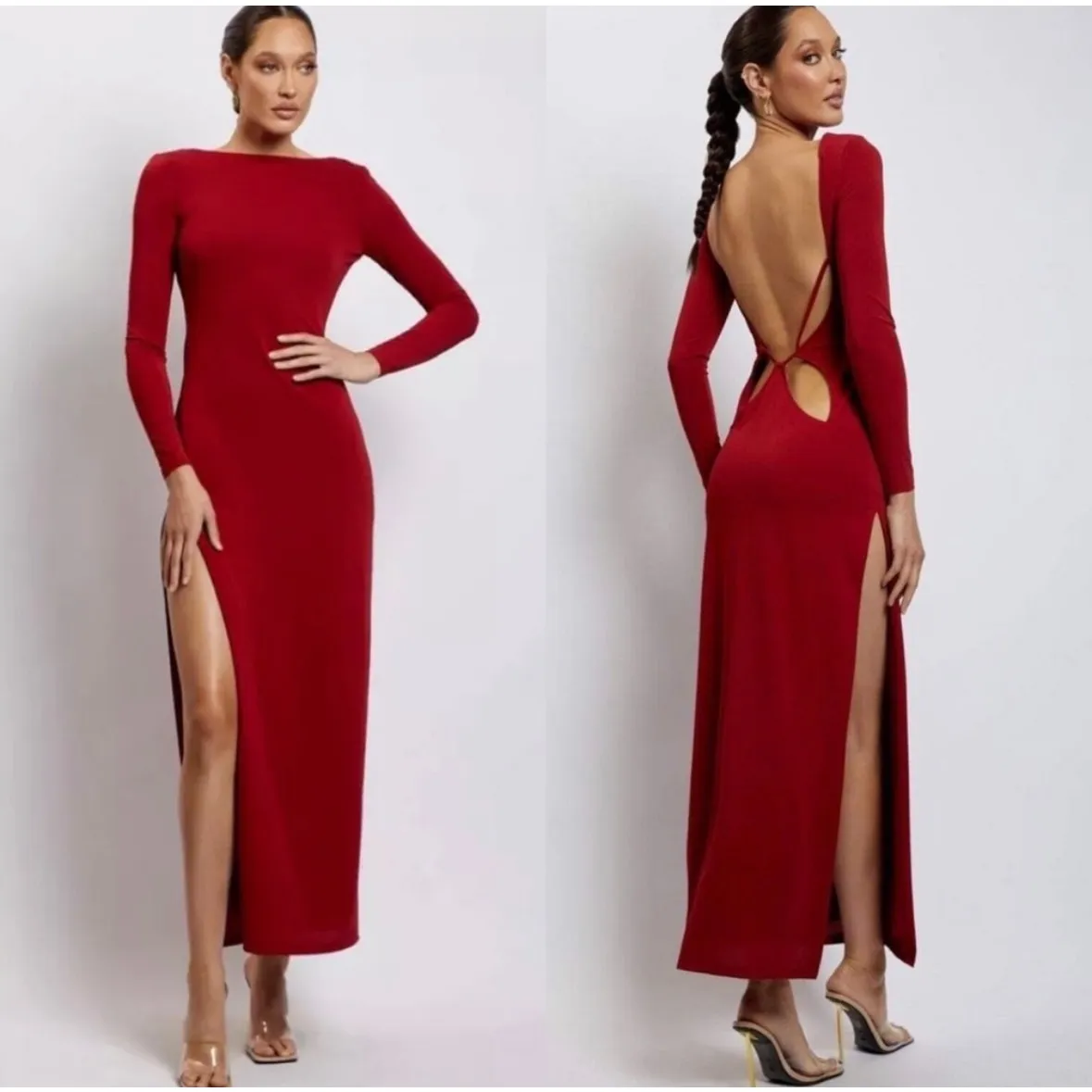 Meshki Dark Red Keren Open Back Maxi Dress Size XS Long Sleeve Backless Cocktail - Image 2