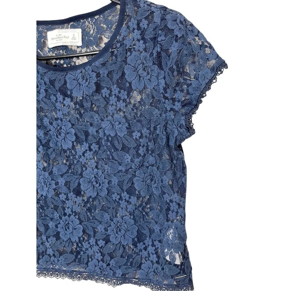 Abercrombie &‎ Fitch Womens Floral Lace Blouse Top Cap Sleeve Blue Size S - Image 2