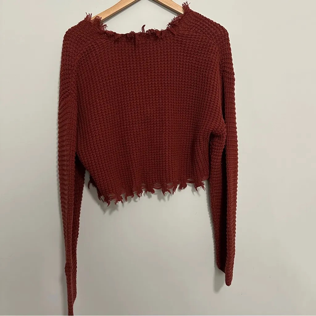 Forever 21 Knotted Fringe Crop Knit Sweater Rust Red Size Small - Image 4