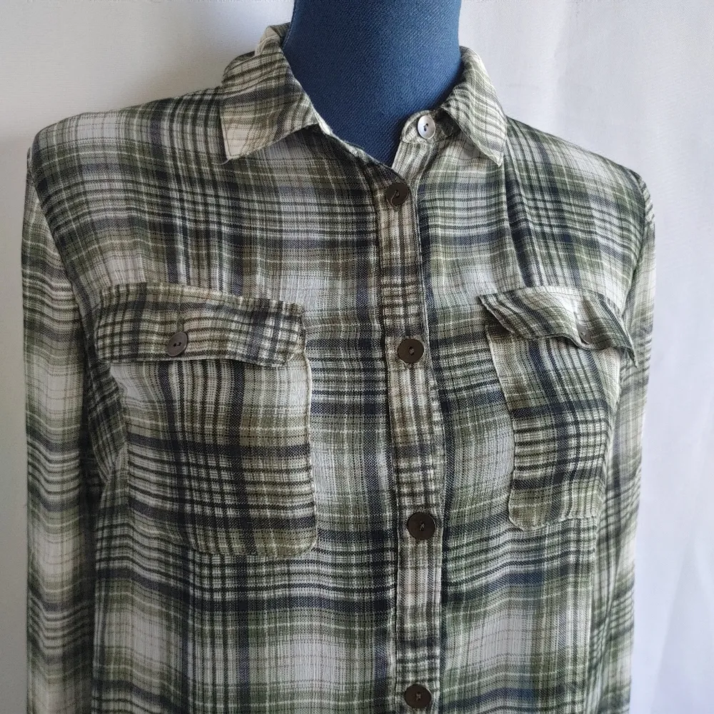 Band of Gypsies Sheer Plaid Button Down Shirt with Lace - Image 2