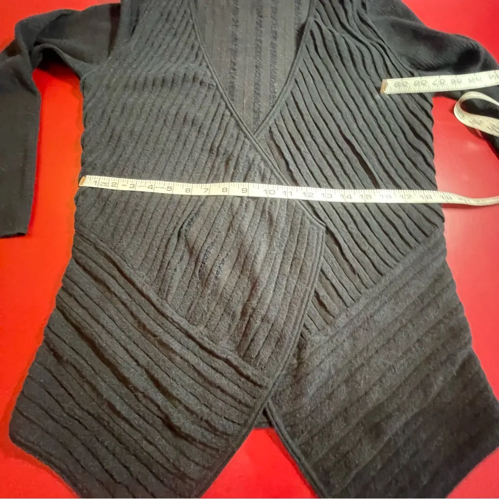 Eileen Fisher Cardigan womens L Wool Blend Rib Knit Drape Front Black Minimalist - Image 5