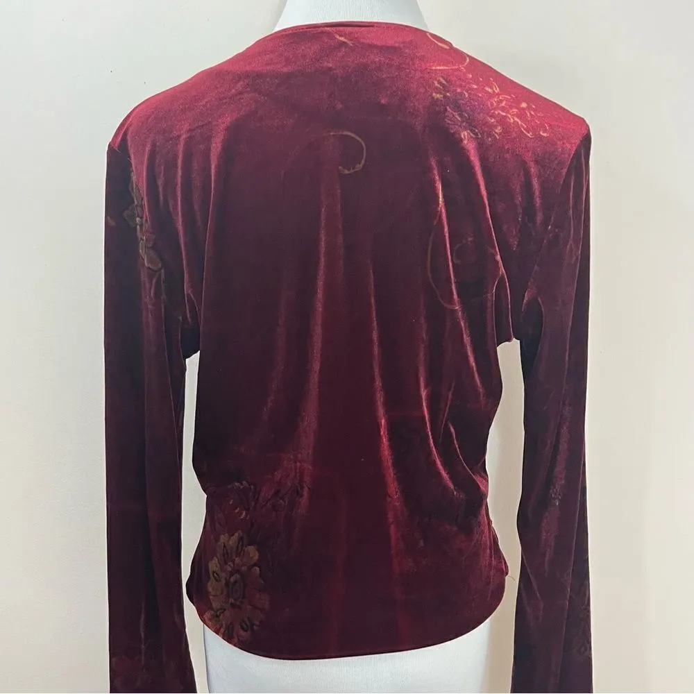 Clio Vintage Y2K Burgundy Velvet Floral Faux Wrap Top L Red Size L - Image 2
