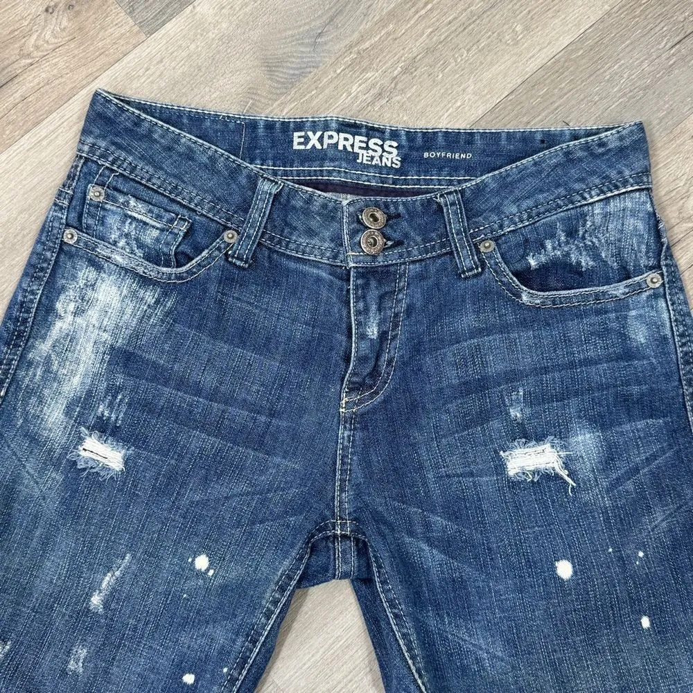 Express Distressed Bleach Splatter Baggy Straight Leg Boyfriend Jeans Blue 2 - Image 5
