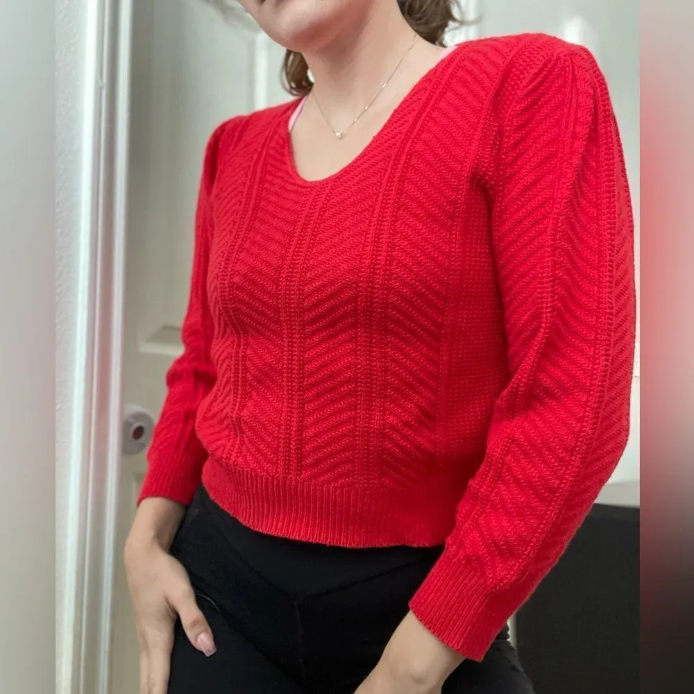 Vintage‎ 70s Rib Knit Sweater Top Cropped Size Small Red Puff Sleeve - Image 4