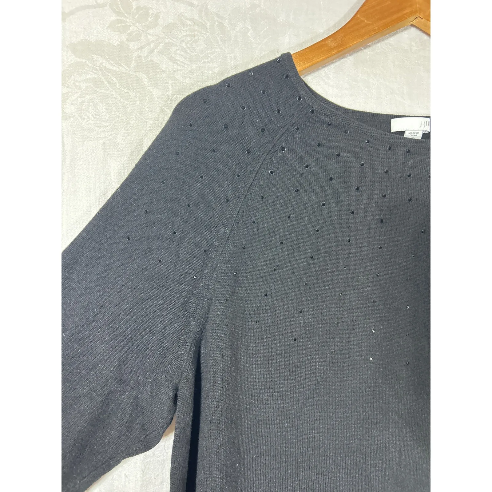 J Jill Sweater XL PETITE Black Studded Sparkle Wool Blend Long Raglan - Image 4