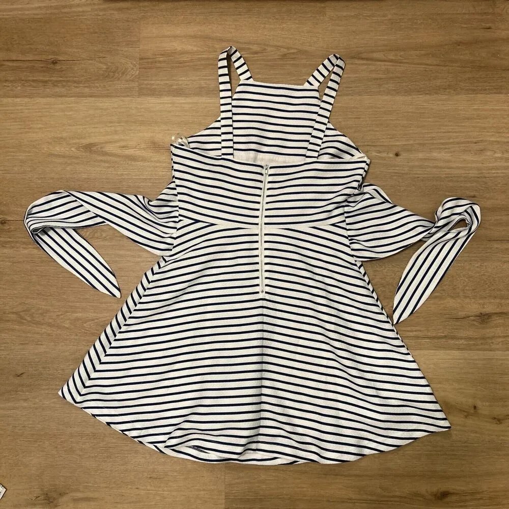 JOA Los Angeles Women M Woven Striped Bow Fit Flair Dress Blue White Short Casua - Image 7