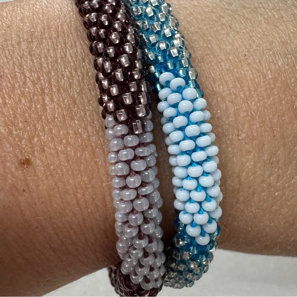 Blue Purple Glass Bead Stretch Bracelet Set of Two Womens Jewelry - Image 2