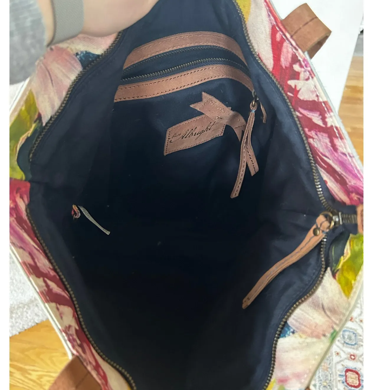 Starla Hoffman Anthropologie Miss Albright Watercolor Llama & Leather Tote Bag Blue - Image 3