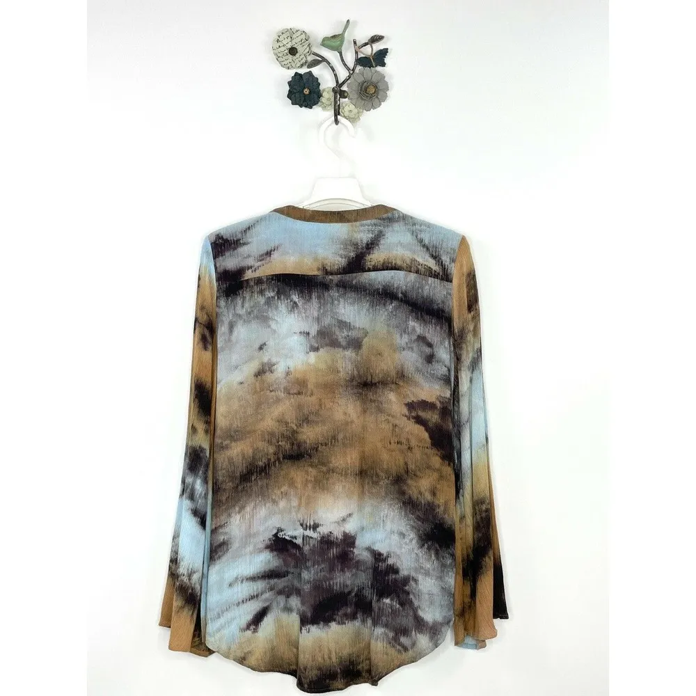 Loveriche Boho Wrap Top Brown Blue Tie Dye Bell Sleeves V Cutout Size Small - Image 6