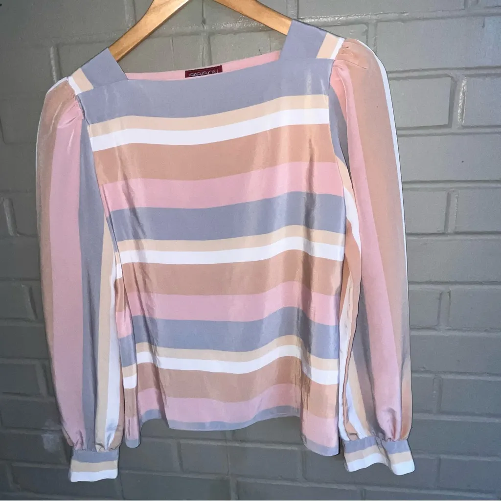 Vintage 70s 80s Sasson Neutral Pastels Striped Blouse 8/9 Hong Kong Pink - Image 4
