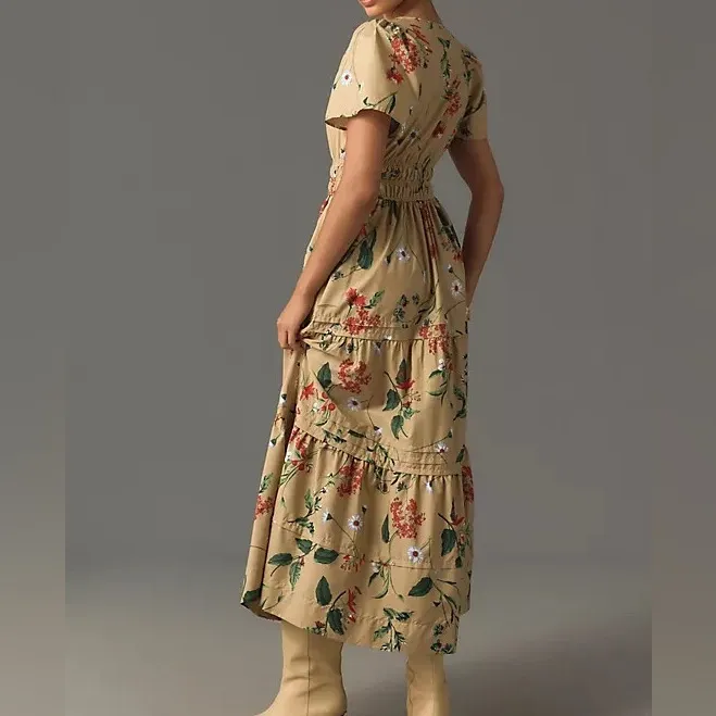 Anthropologie The Somerset Maxi Dress Tiered Smock Floral Khaki Tan Green L - Image 2