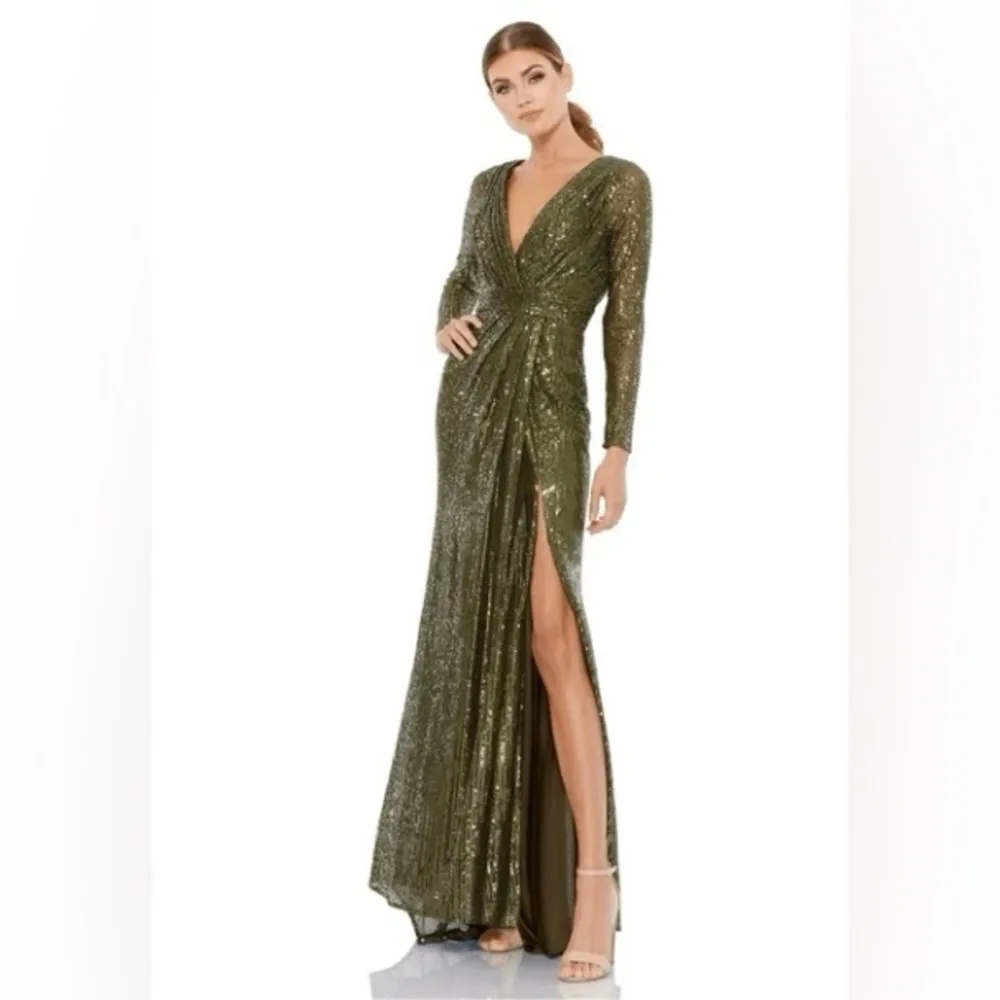 MacDuggal Ieena olive green sequin full length long sleeve high slit gown. 6 - Image 2
