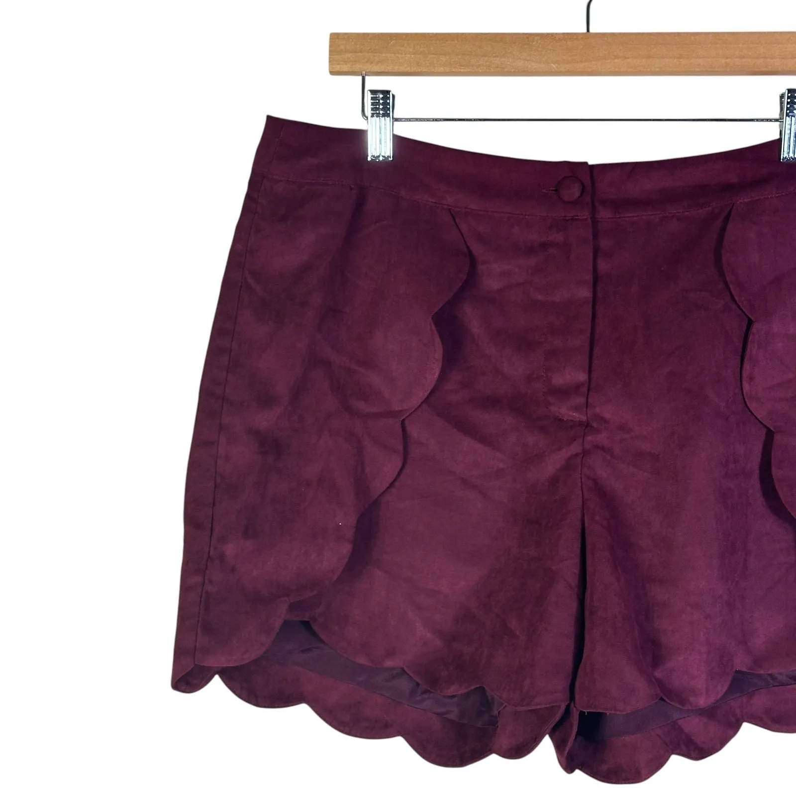 Leith Scallop Hem Shorts Womens L Plum Purple Faux Suede Coquette Feminine - Image 3