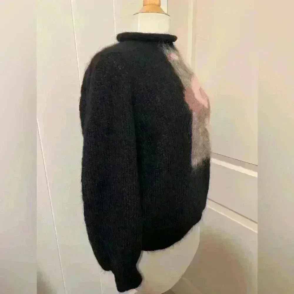 Gennie De Lange Sweater Abstract Floral Hand Knit Mohair Pink Art Cozy Pink Black - Image 4