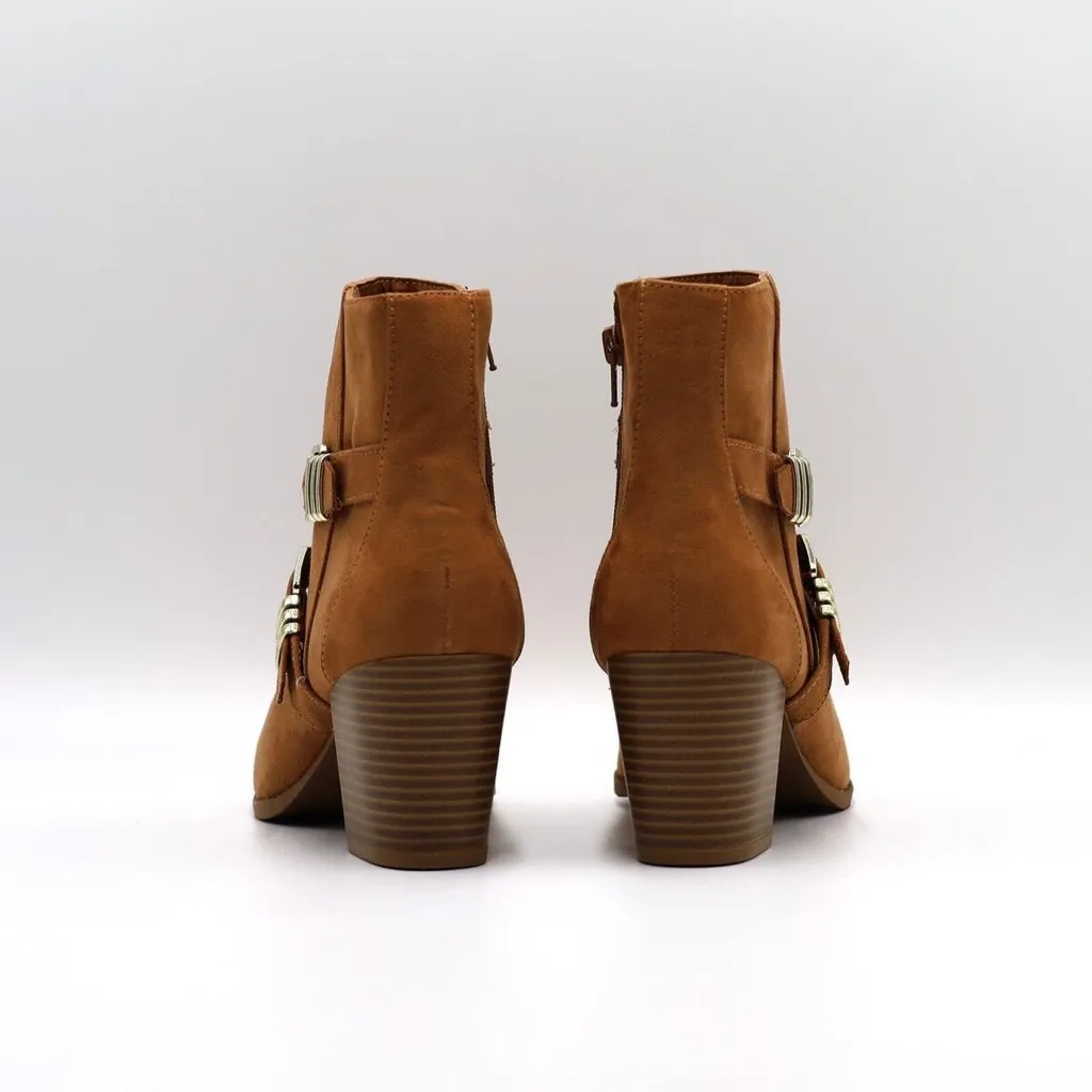 Sun + Stone Tan Ankle Boots with Western Design‎ and Decorative Straps​ Size 9 - Image 2