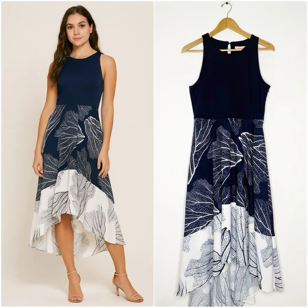 Hutch Altana High Low Midi Dress Navy White Print Size MP (Medium Petite) - Image 2