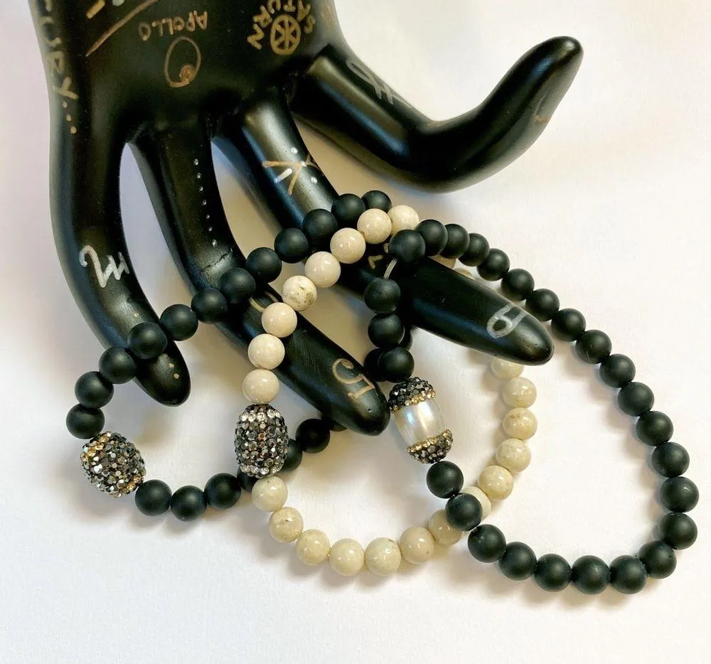 Gemstone Bracelet Stack Of Three Beaded Bracelets With Egg CZ Focal Beads - Image 5