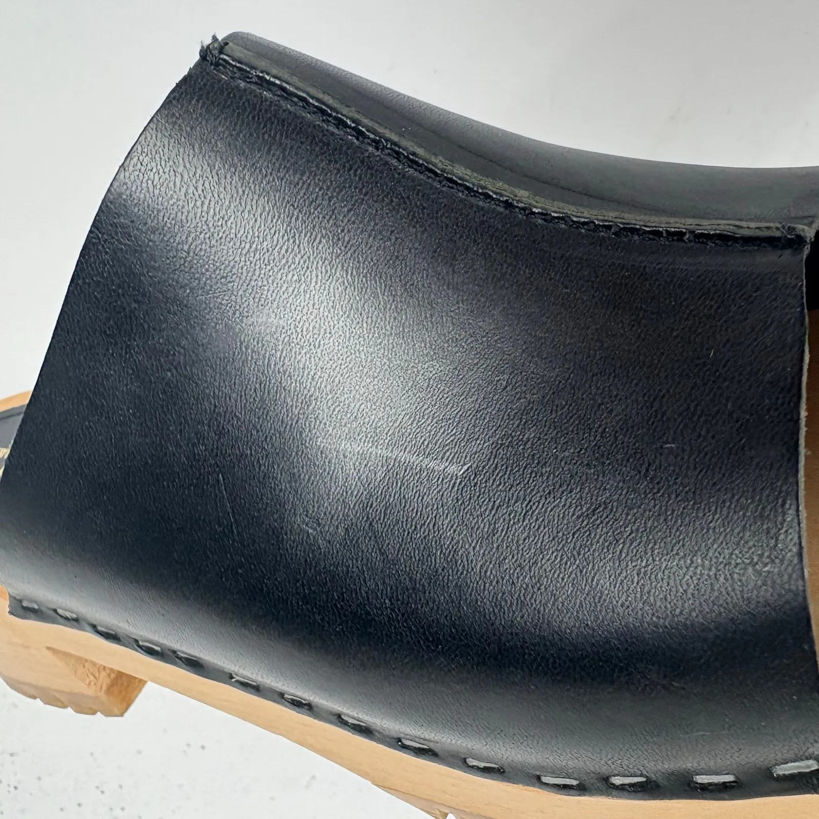 Swedish Hasbeens Ann Low Sandals Mules Clogs Black Leather Wooden Sole Size 41 - Image 13