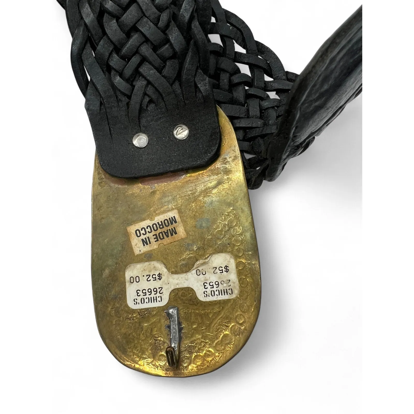 VINTAGE 90's CHICO's braided leather belt Statement medallion buckle Horn Brass Black - Image 3