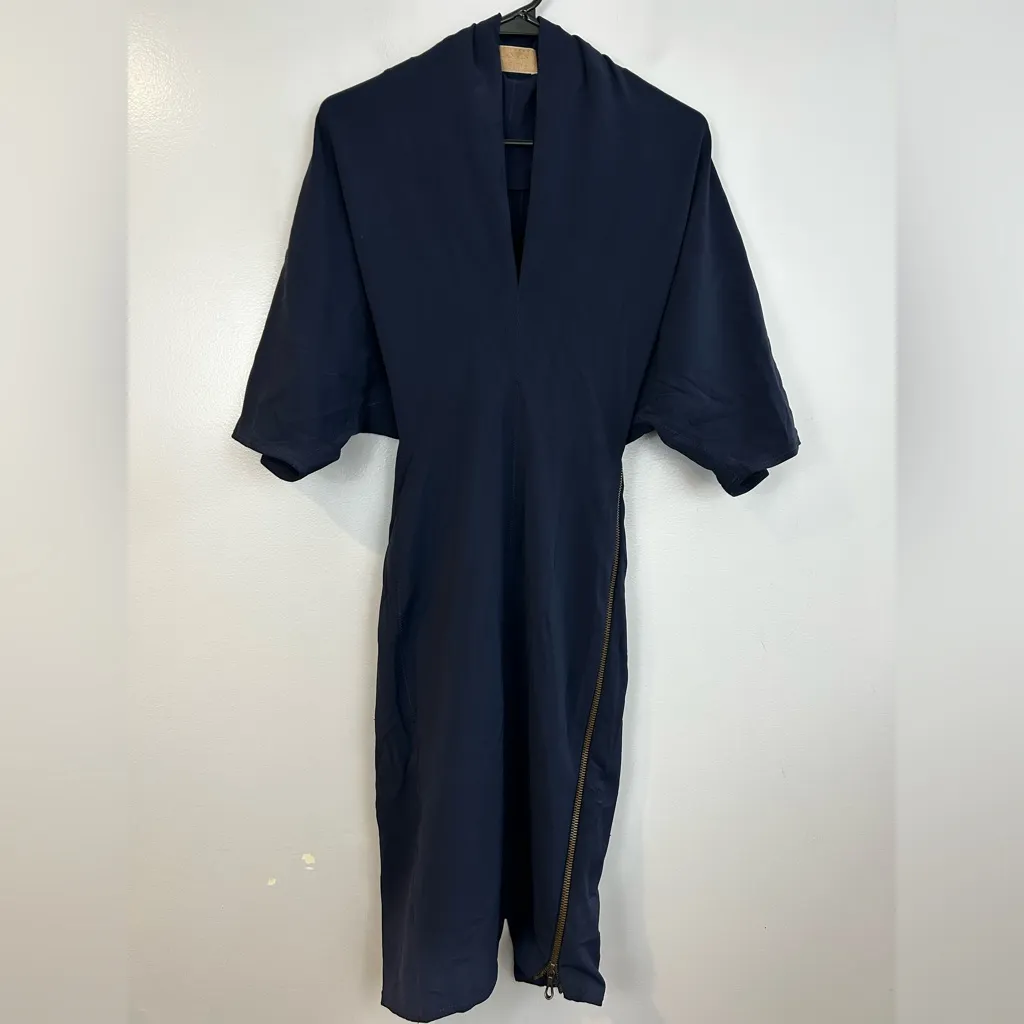 Lanvin 2011Alber Elbaz Navy Blue Split Neck Dolman Sheath Midi Dress Size 8 - Image 2
