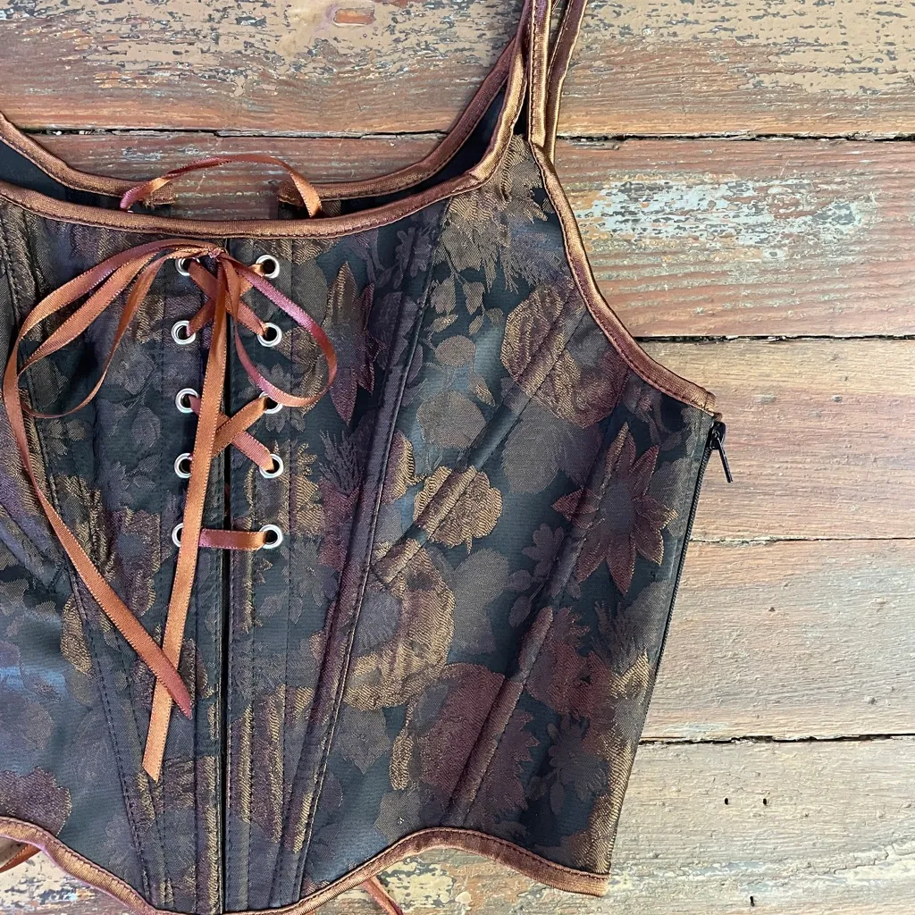 Lace Up Corset Top Brown Floral Gothic Renaissance Cottagecore Sz S 💛🎀 - Image 12