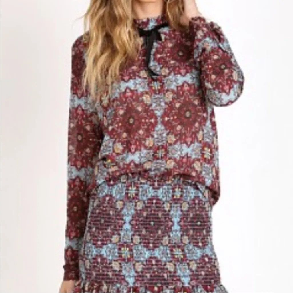 For Love & Lemons Geneva Geometric Print Long Sleeve Velvet Bow Blouse M - Image 3