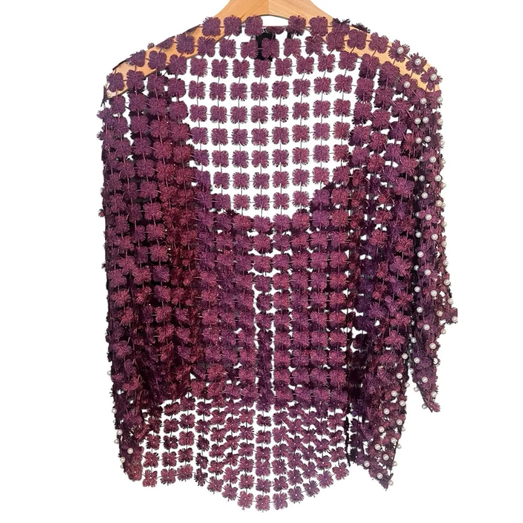 Midnight Velvet Open Knit Top Womens Size XL Purple Pearl Embellished 1/2 Sleeve - Image 9