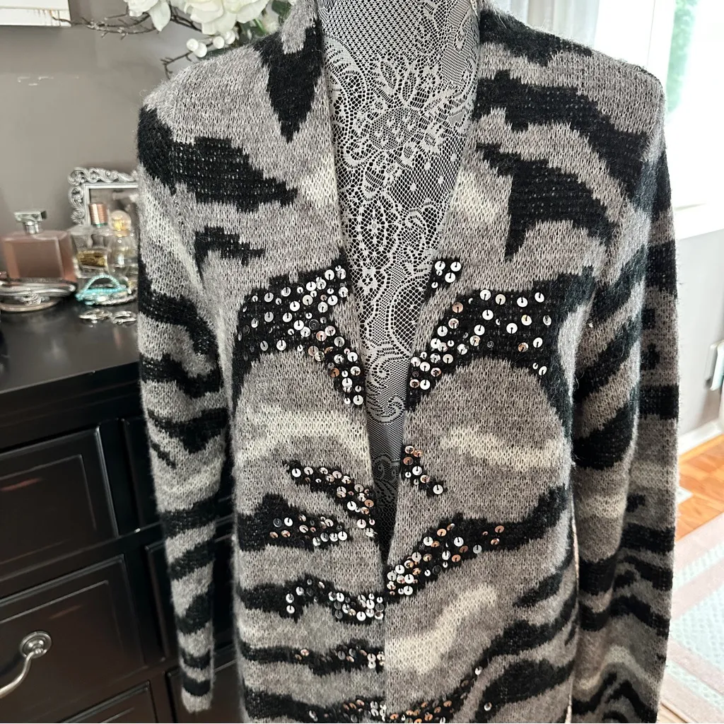 Chico’s Sequin Zebra Print Open Front Long Cardigan Sweater Size 1 (M/L) - Image 3