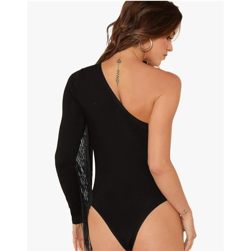 NEW Verdusa Fringe Trim One Shoulder Long Sleeve Bodysuit Top XS Black - Image 2