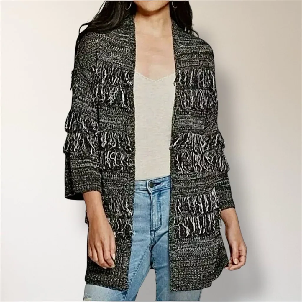 Knox Rose L Black White‎ Fringe Open Front Chunky Knit Cardigan Boho Hippie - Image 2
