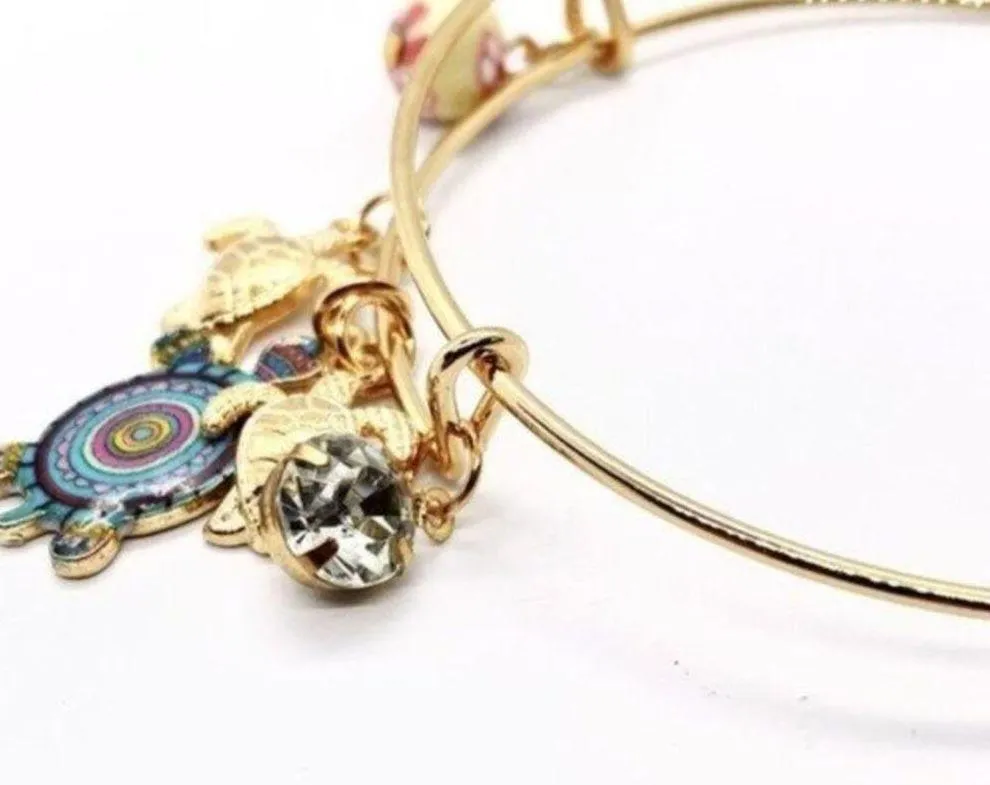 Beaded Sea Turtle Charm Colorful Bangle Bracelet - Image 6
