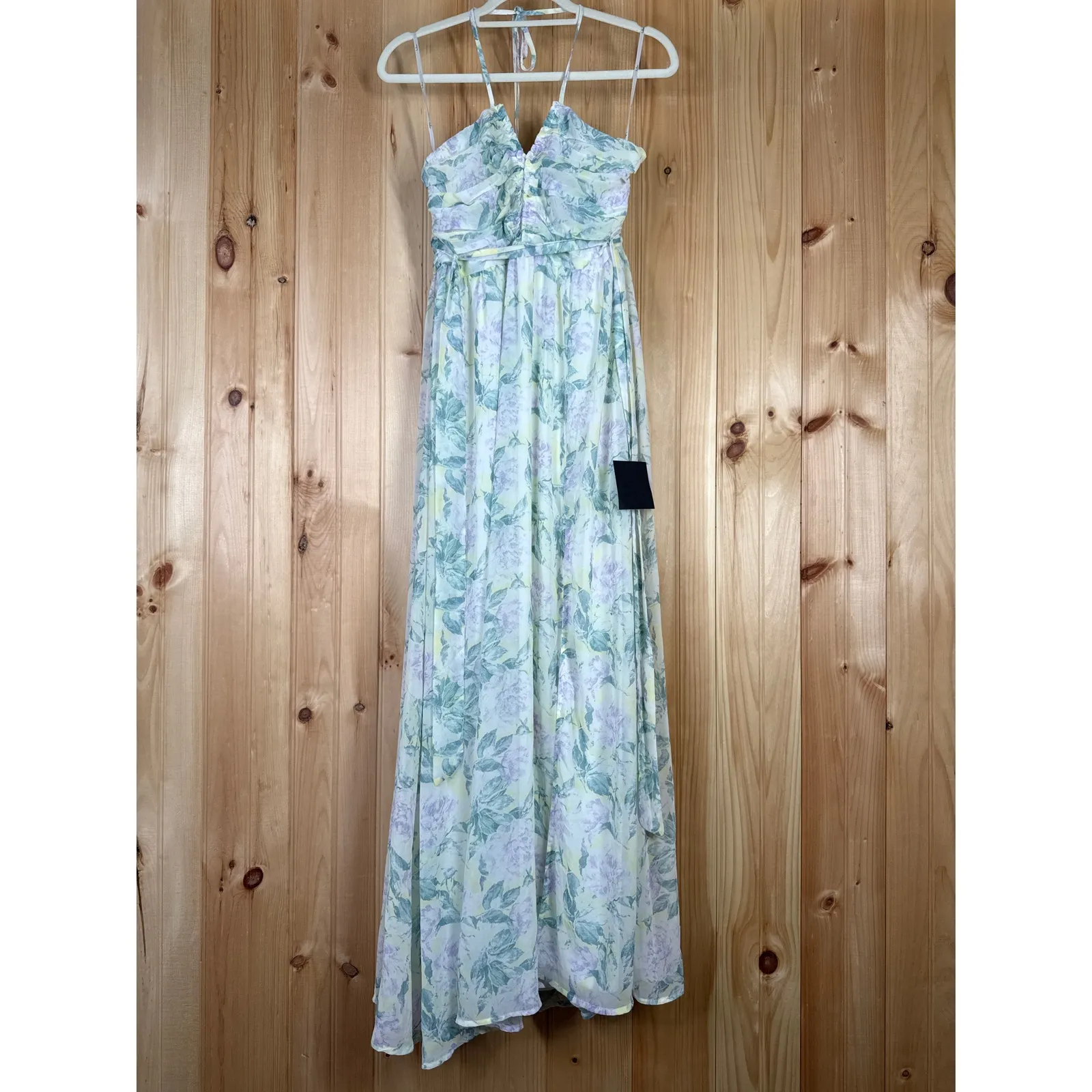 NWT Lulus Effortlessly Abloom Green Multi Floral Ruched Halter Maxi Dress Sz M - Image 2
