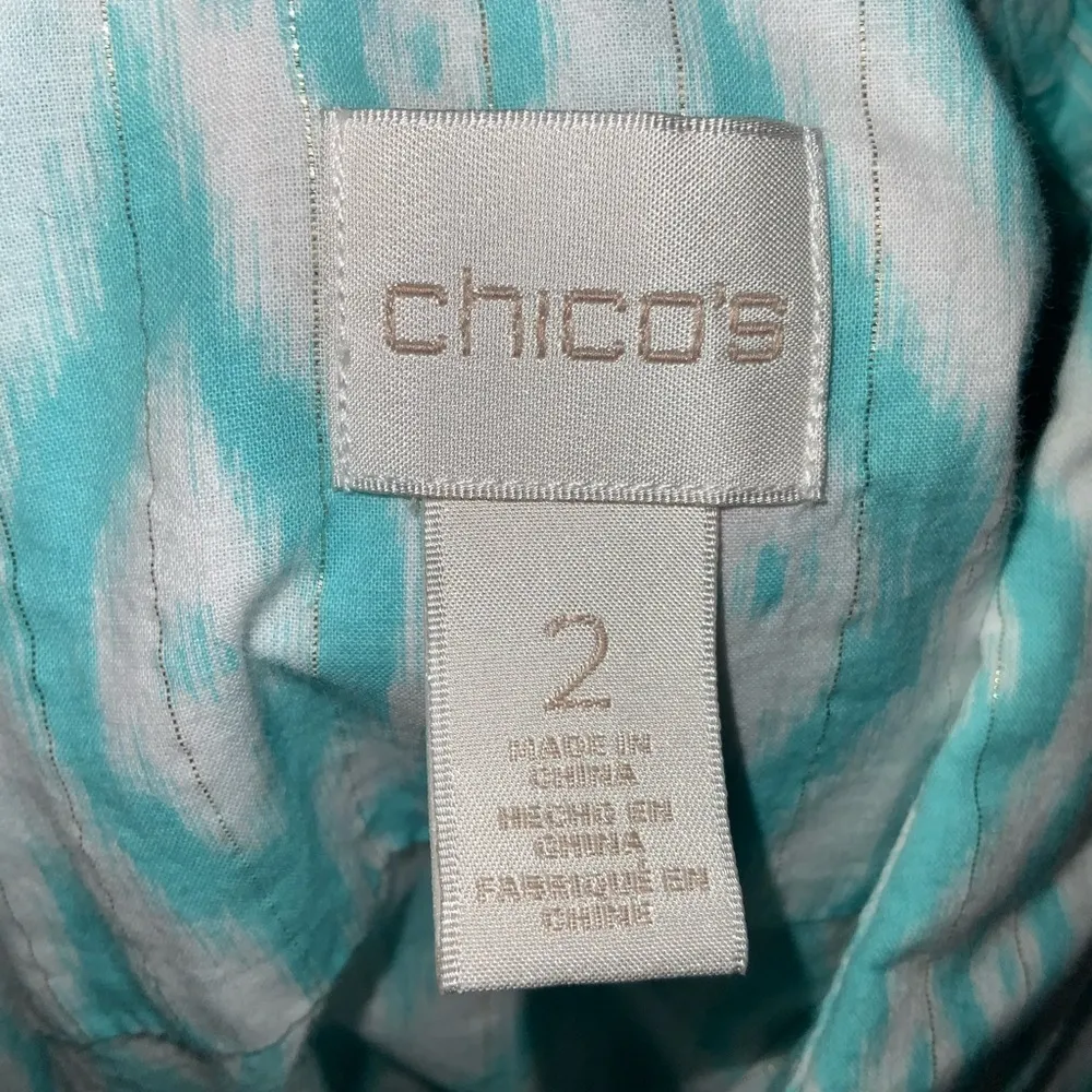 Chico’s Turquoise & White Geo Print Cotton & Metallic Tie Front Button Up Top M - Image 12