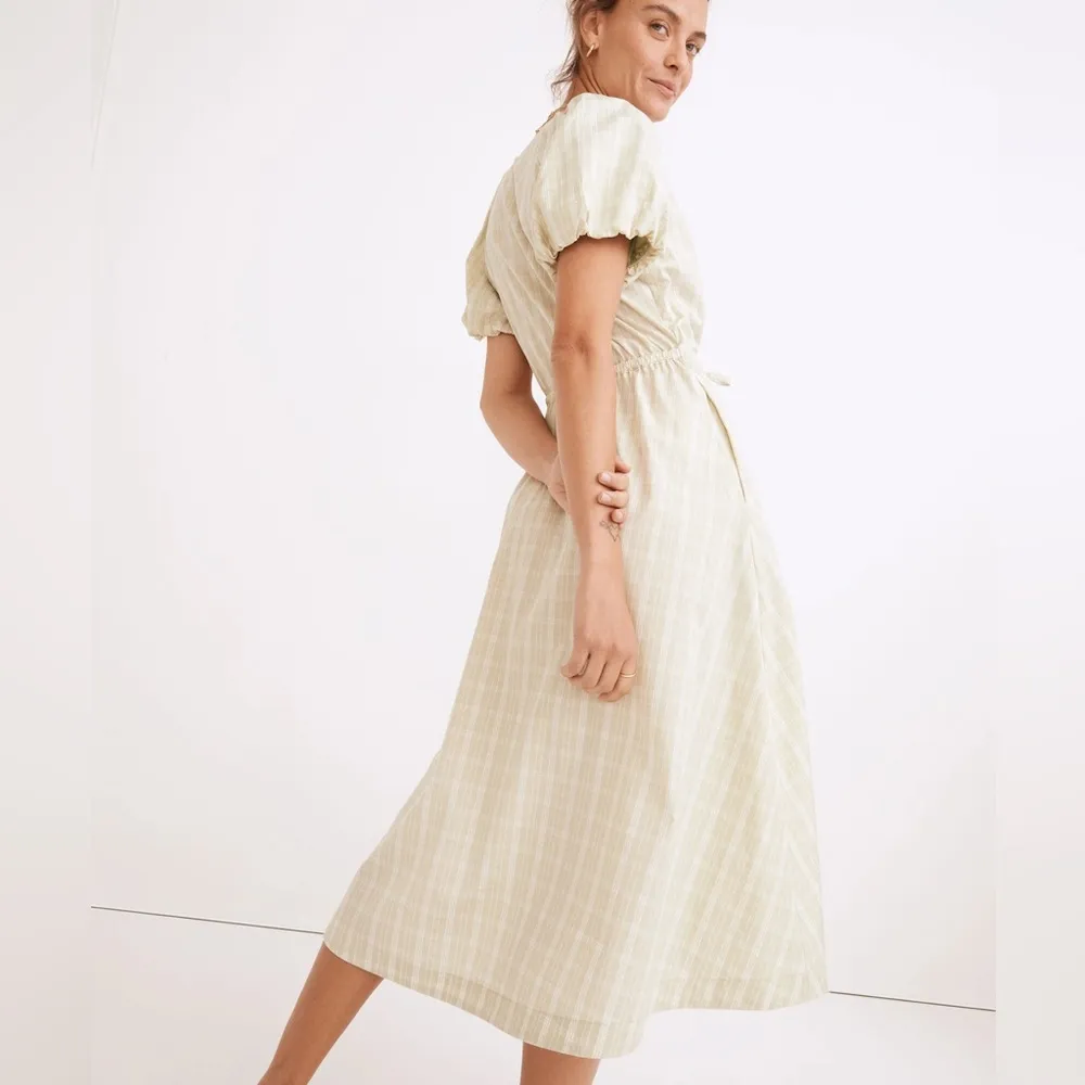 Plaid Tie-Waist Cottage Striped Midi Dress Size XS - Image 3