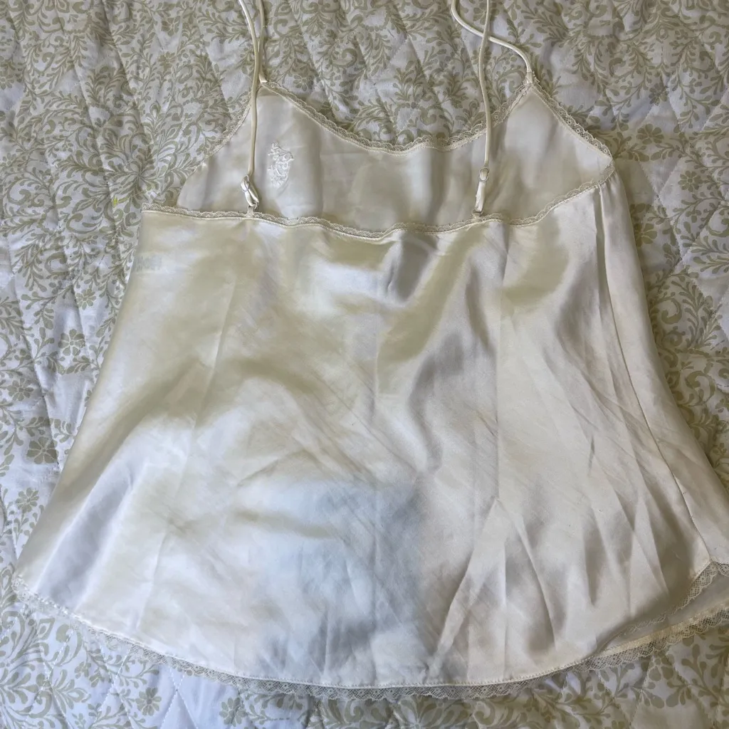 Vintage Olga Satin Camisole Ivory Lace Trim Embroidered Logo Size 36 USA - Image 3