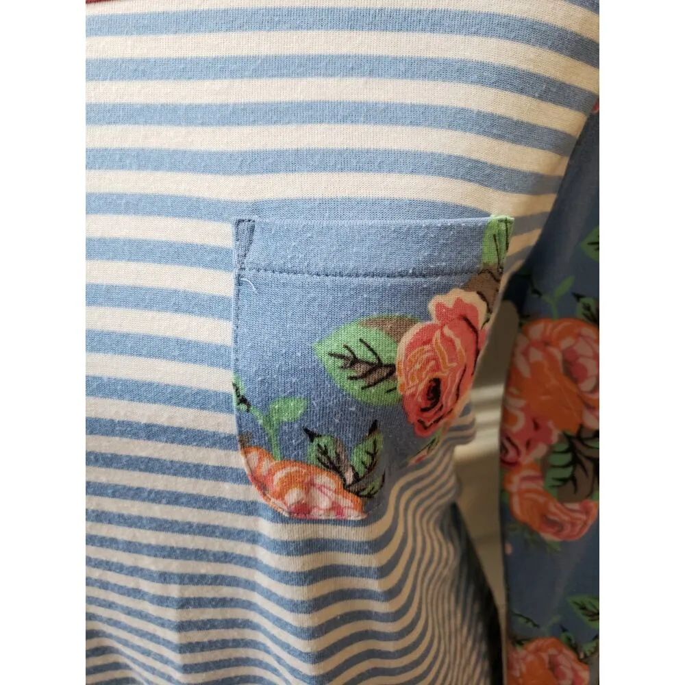 Matilda Jane Top Women M Blue Striped Floral Long Sleeve Cotton Casual Tunic Tee - Image 5